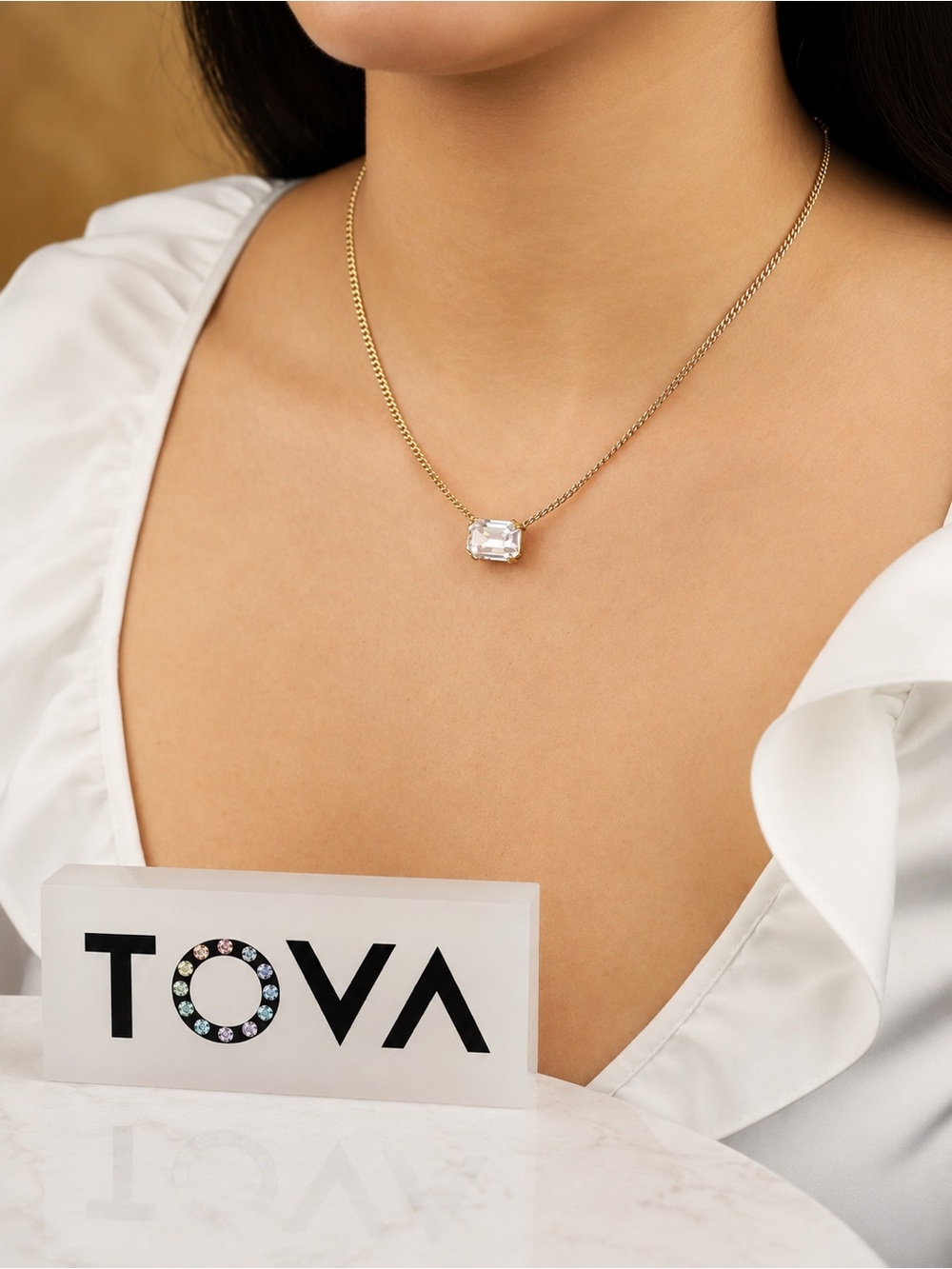 Tova Elegant RUBIN Gold Necklace with Clear emerald cut Gemstone